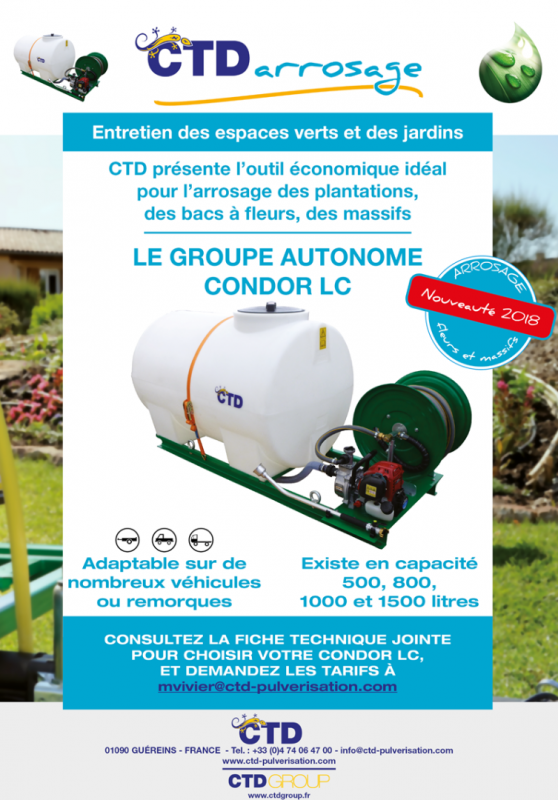 Printemps 2018 : CTD présente son nouveau groupe autonome  Condor LC pour l'arrosage des jardins et des espaces verts.